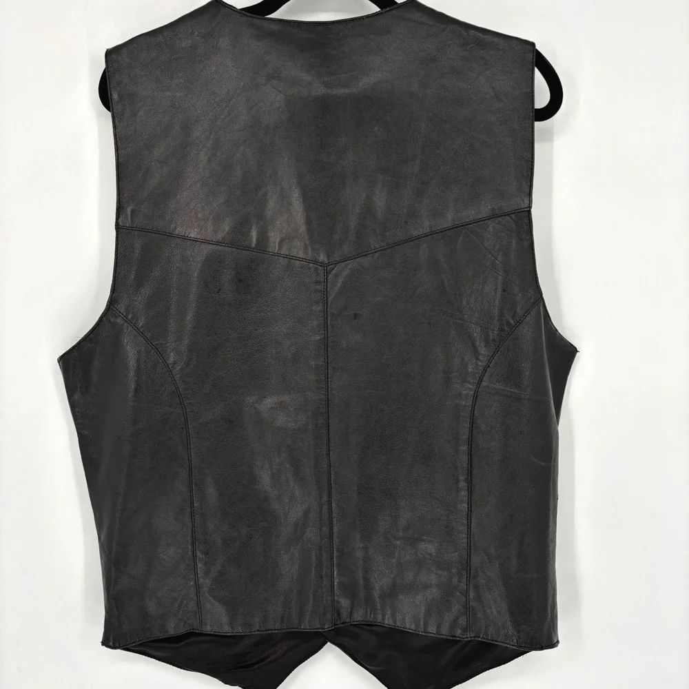 Modal Mens Black Genuine Leather Western Biker Snap Front Vest Large
